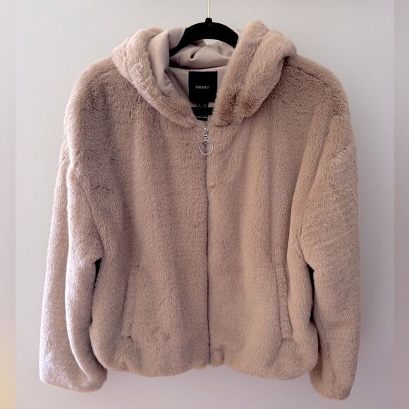 Forever 21 Cozy Light Brown Faux Fur Teddy Bear Zip Up Hooded Bomber Jacket Sz M - Picture 1 of 10